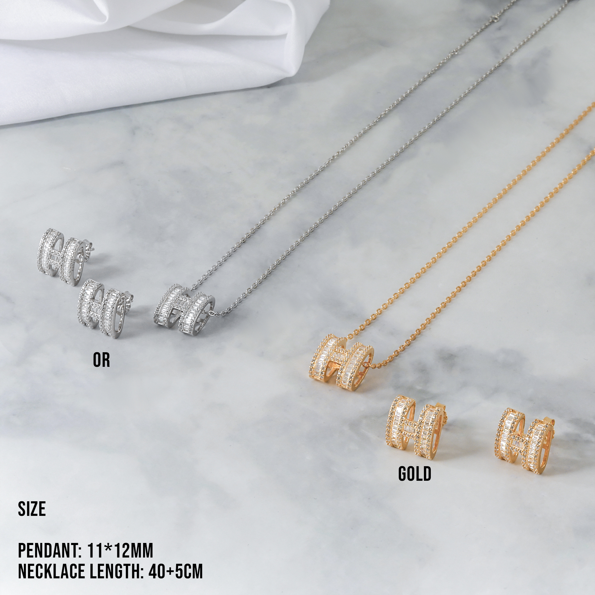 [SE4319], [SN4317] Silver 925 Hermes Big H Cubic Earrings and Necklace Set