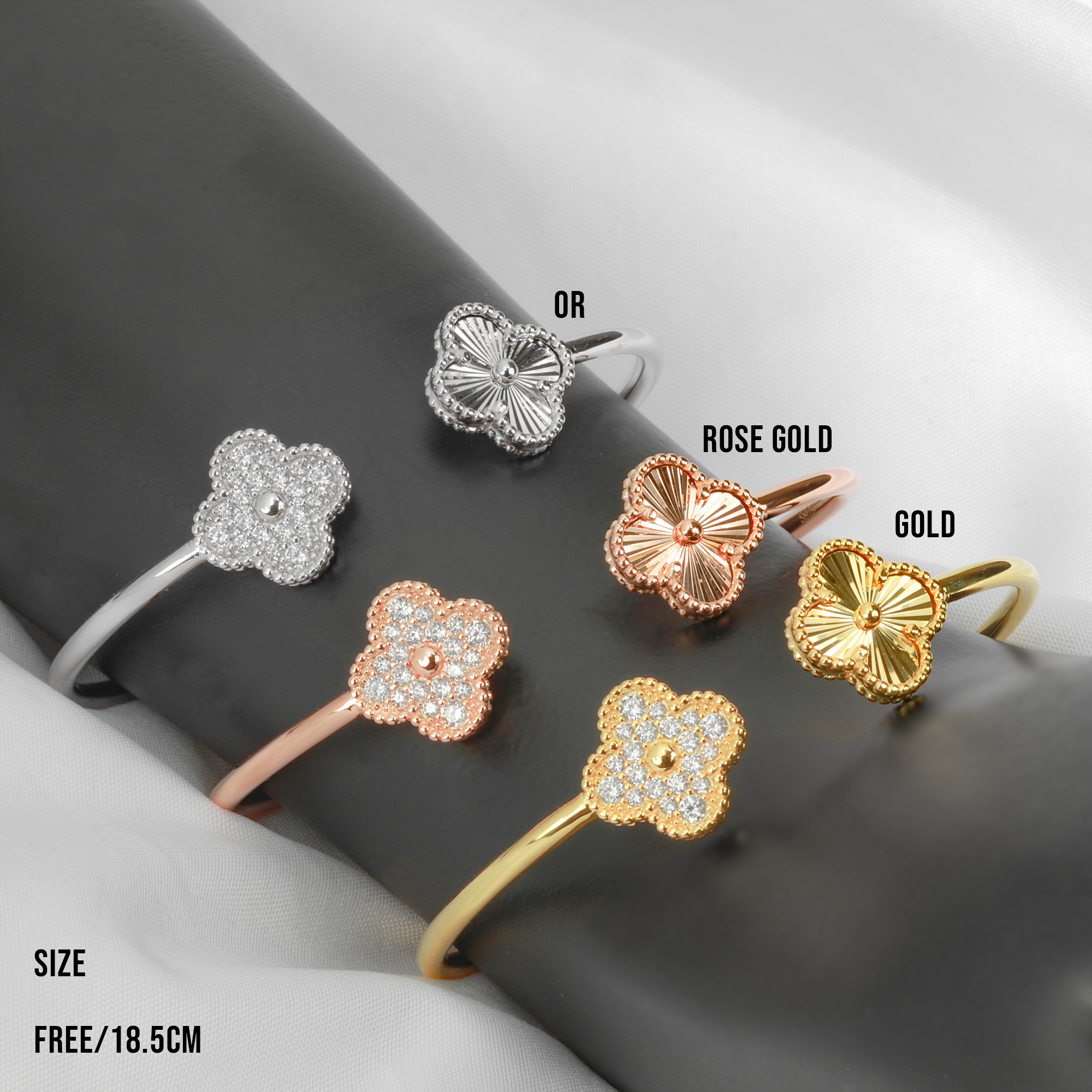 [SB4403] Silver 925 Cubic and Cutting 4-leaf Clover Open Bracelet